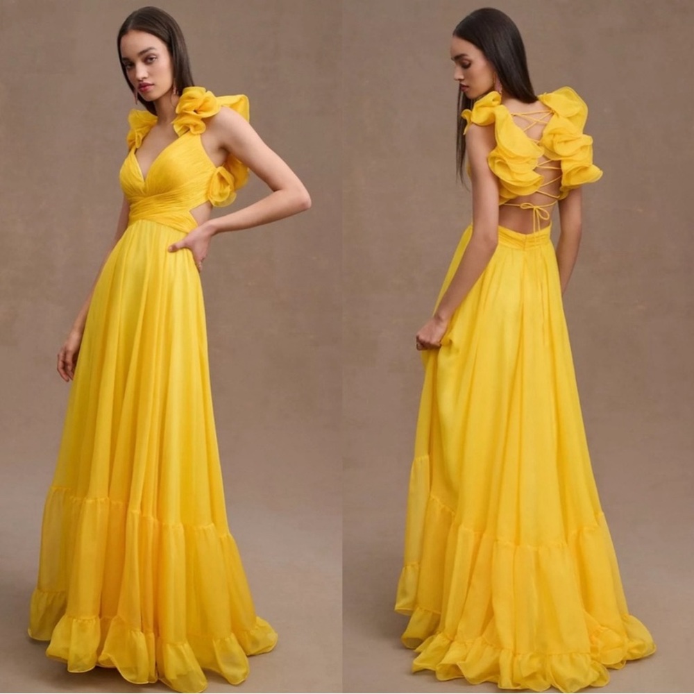Mac Duggal 67911 Ruffle Tiered Cut Out Chiffon Gown Sunshine